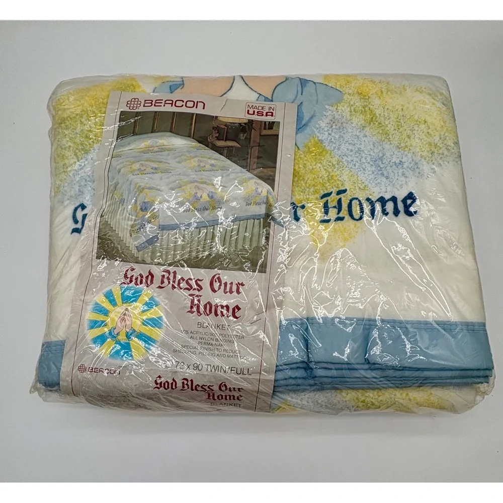 Vintage Beacon God Bless Our Home Blanket Twin Full Blue Yellow Made in USA NEW